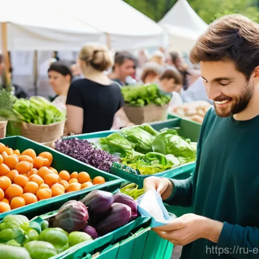 친환경 마케팅 이론의 실제 적용 - **Prompt:** A vibrant, sun-drenched scene at a modern, community-focused outdoor market in a Europea...
