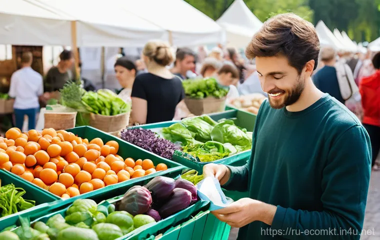친환경 마케팅 이론의 실제 적용 - **Prompt:** A vibrant, sun-drenched scene at a modern, community-focused outdoor market in a Europea...