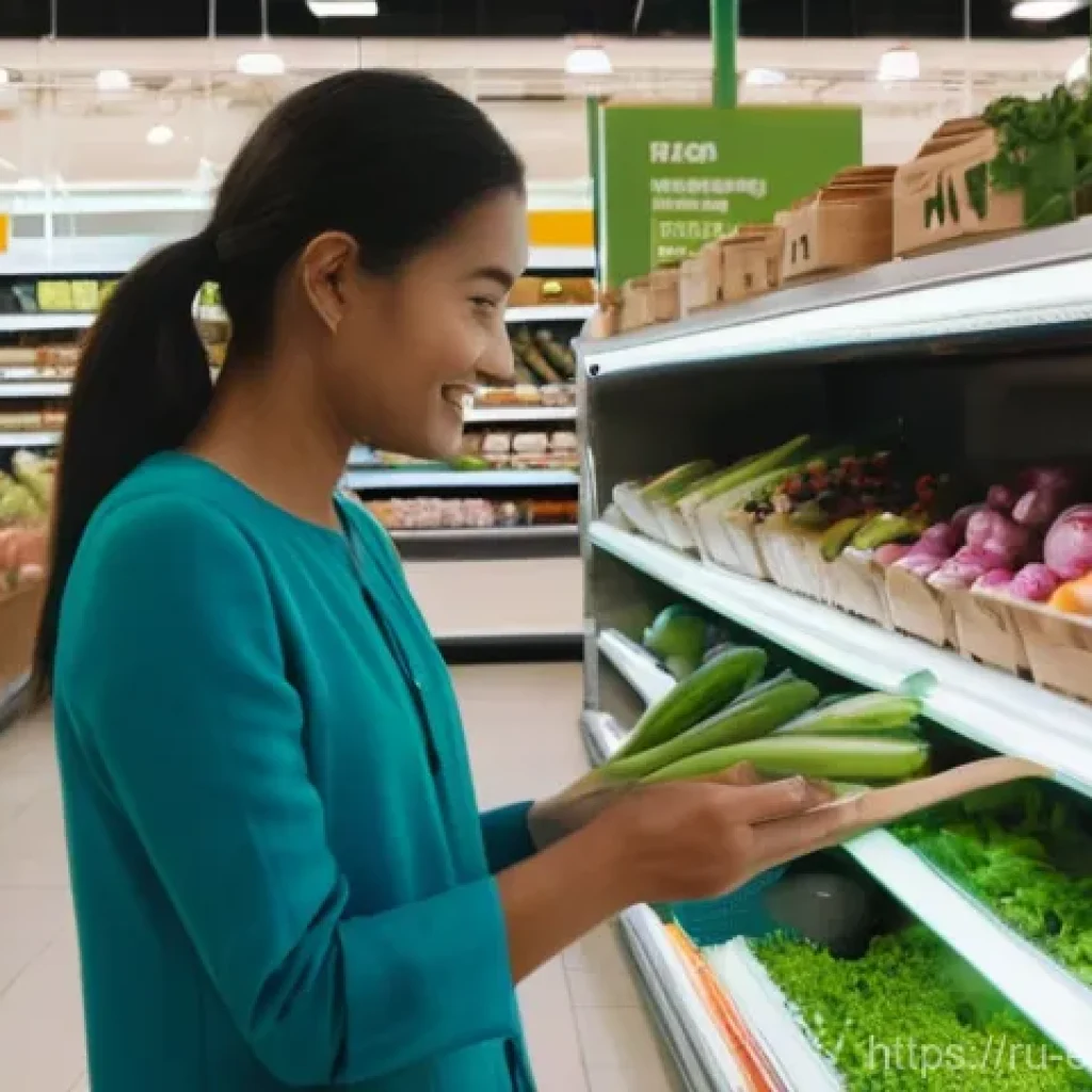 친환경 마케팅 기업 사례 연구 - A vibrant scene inside a modern, well-lit supermarket, reminiscent of "VkusVill" in Russia. Shoppers...