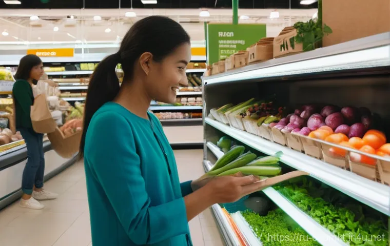 친환경 마케팅 기업 사례 연구 - A vibrant scene inside a modern, well-lit supermarket, reminiscent of "VkusVill" in Russia. Shoppers...