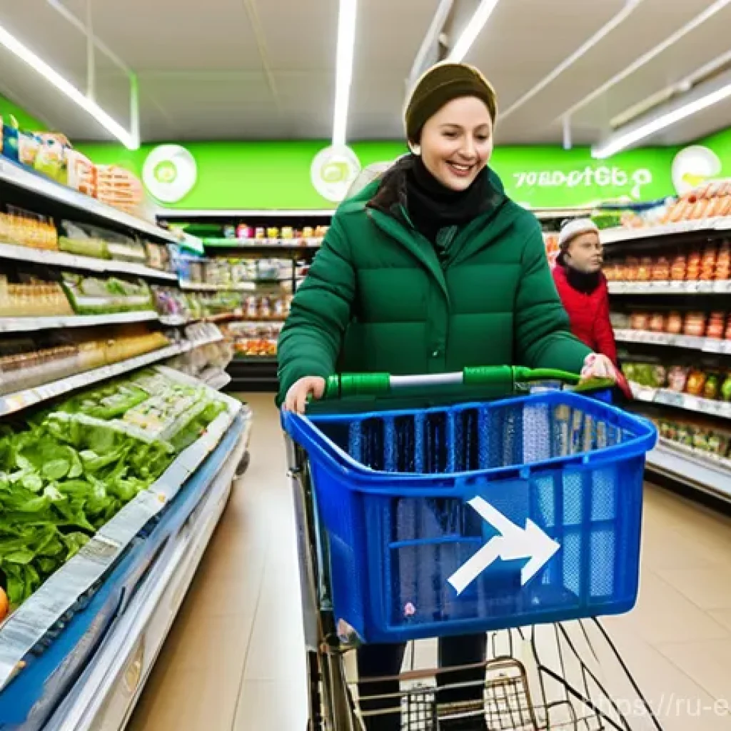 친환경 마케팅 자격증 시험 준비 - **Image Prompt:** A vibrant, eye-level photograph inside a modern Russian supermarket, reminiscent o...