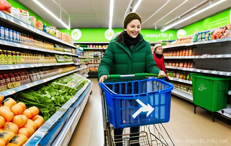 친환경 마케팅 자격증 시험 준비 - **Image Prompt:** A vibrant, eye-level photograph inside a modern Russian supermarket, reminiscent o...