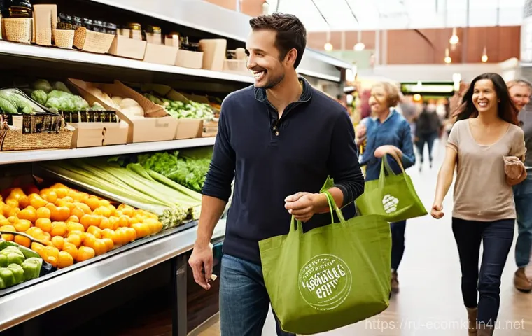 친환경 마케팅 실습을 위한 가이드 - **Prompt 1: Community and Trust in Green Marketing**
"A vibrant, sunlit indoor farmers market or...