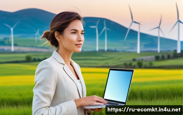 친환경 마케터의 이직 과정 - **Prompt:** A vibrant, sun-drenched scene depicting a determined young female eco-marketer, in her l...