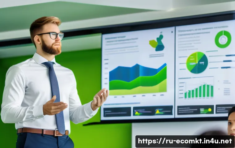친환경 마케팅 자격증 취득 후 경로 - A professional eco-marketing specialist giving a presentation in a modern office environment, surrou...