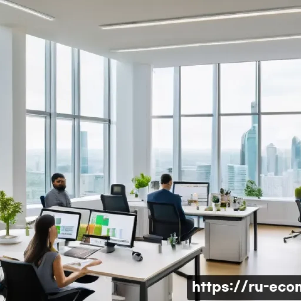 친환경 마케팅 커리어 성장 방법 - A professional eco-marketing team meeting in a modern office with large windows overlooking a green ...