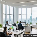 Home 21 친환경 마케팅 커리어 성장 방법 - A professional eco-marketing team meeting in a modern office with large windows overlooking a green ...