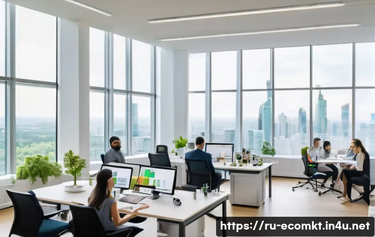 친환경 마케팅 커리어 성장 방법 - A professional eco-marketing team meeting in a modern office with large windows overlooking a green ...