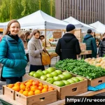 Home 20 친환경 마케팅 이론과 실제 - A bustling urban farmers market in Moscow with diverse Russian families shopping for eco-friendly pr...