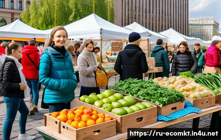 친환경 마케팅 이론과 실제 - A bustling urban farmers market in Moscow with diverse Russian families shopping for eco-friendly pr...