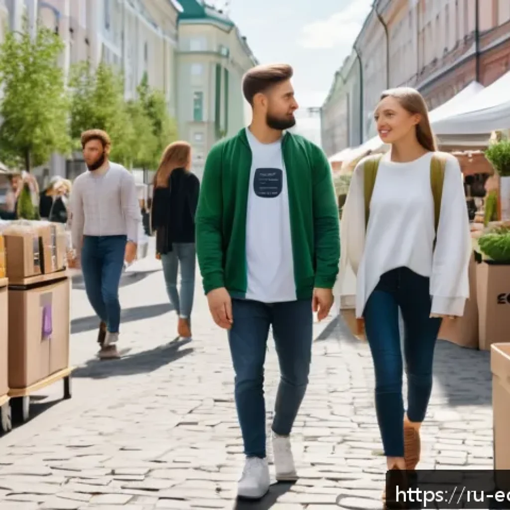 친환경 마케터 이직 후 경험담 - A modern eco-friendly urban marketplace scene in Moscow, showcasing shoppers choosing sustainable pr...