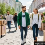 Home 18 친환경 마케터 이직 후 경험담 - A modern eco-friendly urban marketplace scene in Moscow, showcasing shoppers choosing sustainable pr...