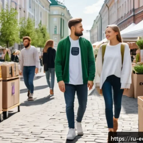 Home 30 친환경 마케터 이직 후 경험담 - A modern eco-friendly urban marketplace scene in Moscow, showcasing shoppers choosing sustainable pr...