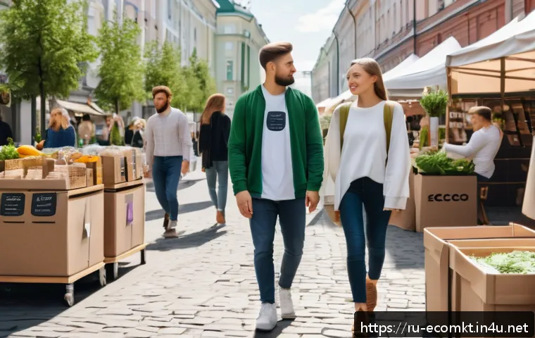 친환경 마케터 이직 후 경험담 - A modern eco-friendly urban marketplace scene in Moscow, showcasing shoppers choosing sustainable pr...