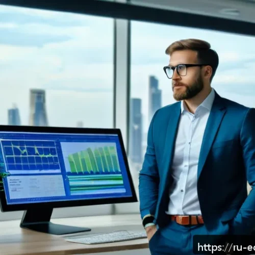 Home 17 친환경 마케터로서 커리어 개발 - A modern office scene in Moscow featuring a professional ecological marketer analyzing digital marke...