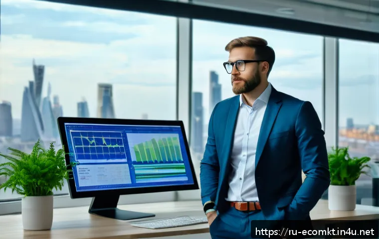 친환경 마케터로서 커리어 개발 - A modern office scene in Moscow featuring a professional ecological marketer analyzing digital marke...