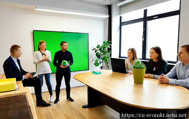 Home 17 친환경 마케팅 교육과정 추천 - Photorealistic eco-friendly marketing training workshop in a modern Moscow coworking classroom, dive...
